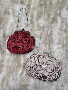 2- Rose-Accent Evening Clutch Bags - Beige and Red